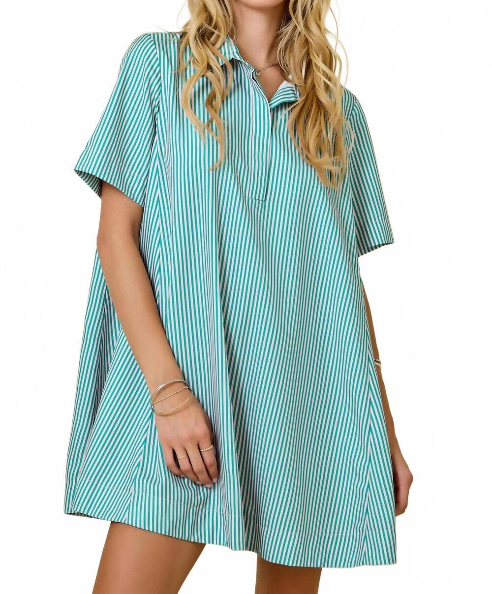 NEW DAY + MOON striped short sleeve a-line shirt swing dress in pink/green
